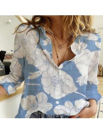 Spring And Autumn Casual Loose Long-Sleeved Breathable Linen Shirt, Size: L(Blue Flower)