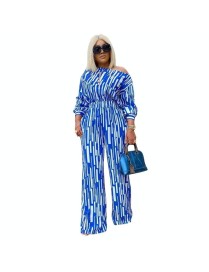 Large Size Striped Printing Oblique Long-sleeved Shoulder Loose Fashion Casual Suit (Color:Blue Size:XL)