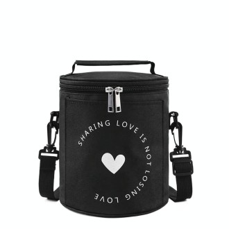 Round Lunch Bag Insulated Lunch Box Foldable & Portable Lunch Tote S(Black)