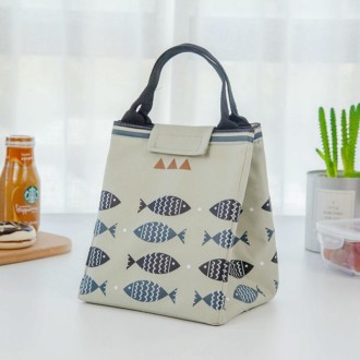 Portable Lunch Bag Oxford Cloth Fish Pattern Large Capacity Container Thermal Insulated Cooler(Light Gray)