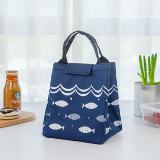 Portable Lunch Bag Oxford Cloth Fish Pattern Large Capacity Container Thermal Insulated Cooler(Navy Blue)