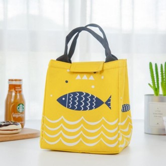 Portable Lunch Bag Oxford Cloth Fish Pattern Large Capacity Container Thermal Insulated Cooler(Yellow)