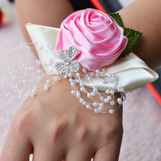 Handmade Wedding Bride Wrist Flower Boutonniere Bouquet Corsage Diamond Satin Rose Flowers(Pink)