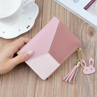 Short Leather Women Zipper Purse Panelled Wallets Trendy Coin Purse(Pink)