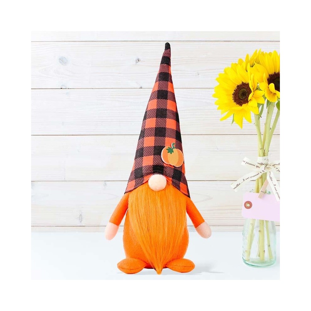 Pumpkin Maple Leaf No Face Standing Doll Decoration Shopping Mall Home Thanksgiving Halloween Decoration(Plaid Hat)