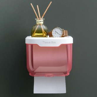 Punch-free Bathroom Transparent Waterproof Tissue Box Toilet Wall-mounted Storage Rack, Size: Small (Pink)