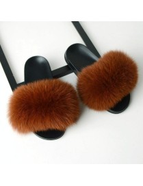 Fox Fur Slippers Flip-flops Non-slip Flat Fur Shoes Sandals for Women, Shoe Size:36-37(23cm)(Caramel)