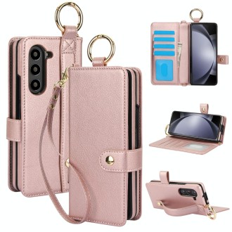 For Samsung Galaxy Z Fold5 Solid Color Wristband Ring RFID Leather Phone Case with Lanyard(Rose Gold)