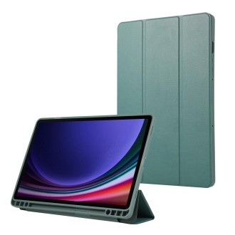 For Samsung Galaxy Tab S9 3-Fold Pure Color TPU Leather Tablet Case with Pen Slot(Dark Green)