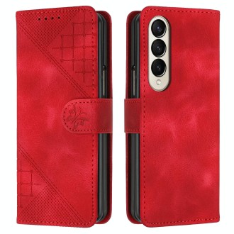 For Samsung Galaxy Z Fold4 YX0080 Grid Butterfly Embossed Pattern Flip Leather Phone Case with Lanyard(Red)