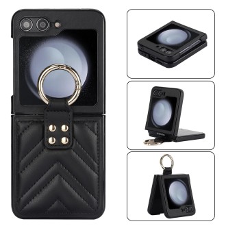 For Samsung Galaxy Z Flip5 V-shaped PU Hybrid TPU Ring Holder Phone Case(Black)