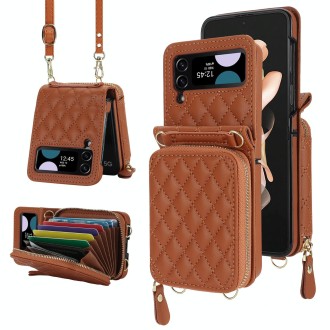 For Samsung Galaxy Z Flip4 Rhombic Texture Card Bag Phone Case with Dual Lanyard(Brown)