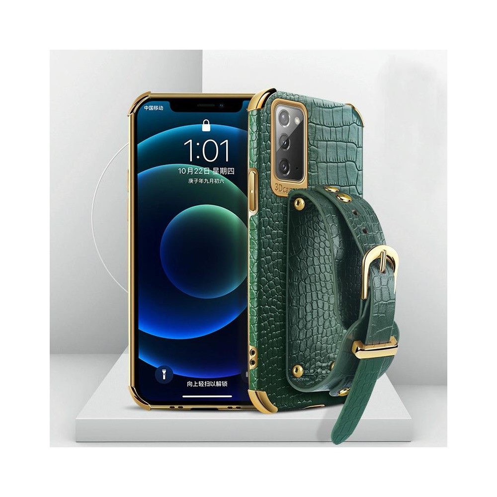 For Samsung Galaxy Note20 Electroplated TPU Crocodile Pattern Leather Case with Wrist Strap(Green)