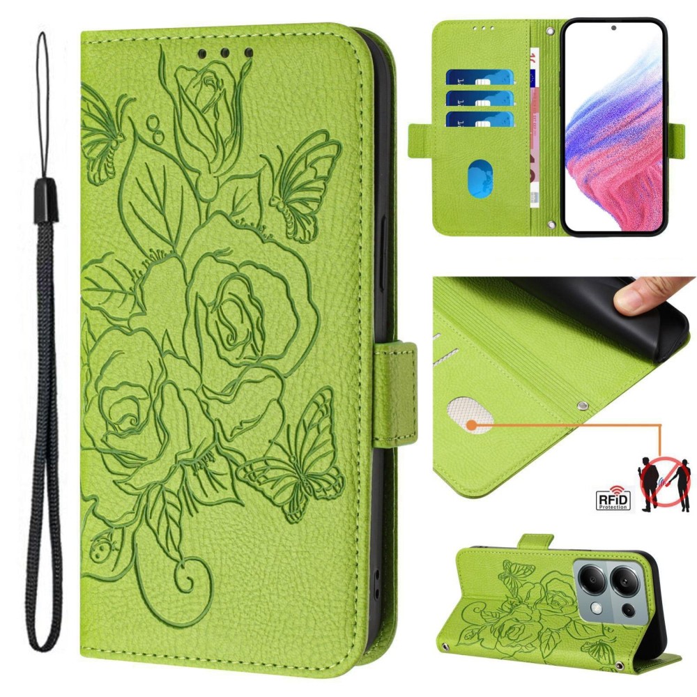 For Redmi Note 13 Pro 4G Global Embossed Rose RFID Anti-theft Leather Phone Case(Green)