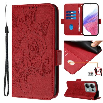 For Redmi Note 13 Pro 4G Global Embossed Rose RFID Anti-theft Leather Phone Case(Red)