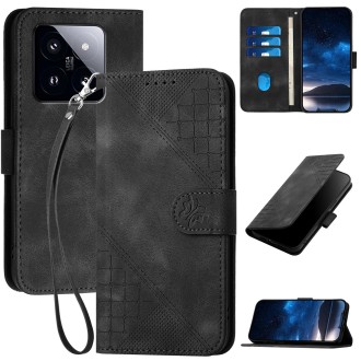 For Xiaomi 14 Pro YX0080 Grid Butterfly Embossed Pattern Flip Leather Phone Case with Lanyard(Black)