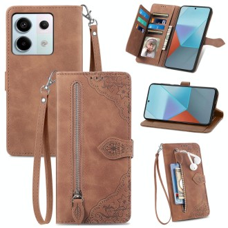 For Xiaomi Redmi K60 Ultra Embossed Flower Zipper Leather Phone Case(Brown)