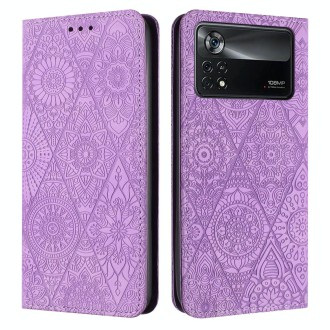 For Xiaomi Poco X4 Pro 5G Ethnic Embossed Adsorption Leather Phone Case(Purple)