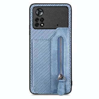 For Xiaomi Poco X4 Pro 5G Carbon Fiber Horizontal Flip Zipper Wallet Phone Case(Blue)