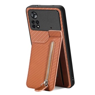 For Xiaomi Poco X4 Pro 5G Carbon Fiber Vertical Flip Zipper Phone Case(Brown)