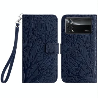 For Xiaomi Poco X4 Pro 5G Tree Birds Embossed Pattern Leather Phone Case(Blue)