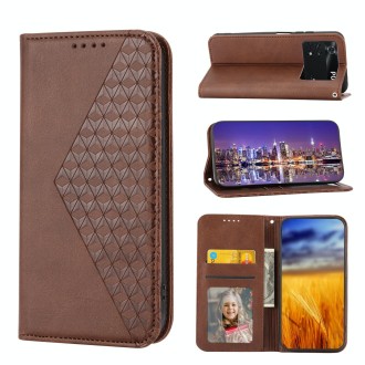 For Xiaomi Poco X4 Pro 5G Global Cubic Grid Calf Texture Magnetic Closure Leather Phone Case(Brown)