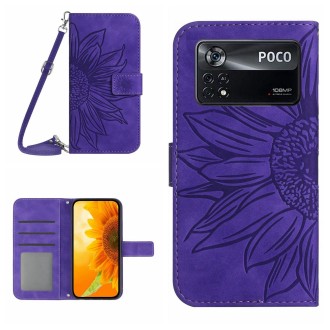 For Xiaomi Poco X4 Pro 5G Skin Feel Sun Flower Pattern Flip Leather Phone Case with Lanyard(Dark Purple)