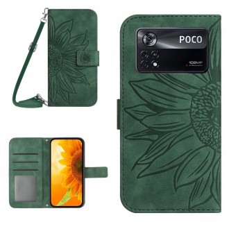 For Xiaomi Poco X4 Pro 5G Skin Feel Sun Flower Pattern Flip Leather Phone Case with Lanyard(Green)