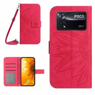 For Xiaomi Poco X4 Pro 5G Skin Feel Sun Flower Pattern Flip Leather Phone Case with Lanyard(Rose Red)