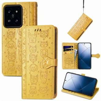 For  Xiaomi 14 Pro Cat and Dog Embossed Leather Phone Case(Yellow)