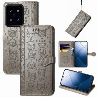 For  Xiaomi 14 Pro Cat and Dog Embossed Leather Phone Case(Grey)