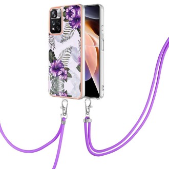 For Xiaomi Redmi Note 11 Pro China Electroplating IMD TPU Phone Case with Lanyard(Purple Flower)