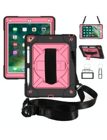 For iPad 9.7 Contrast Color Silicone + PC Combination Case with Holder(Black + Rose Red)