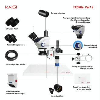 Kaisi TX-350E Ver1.2 7X-50X Microscope Zoom Stereo Microscope with Big Base