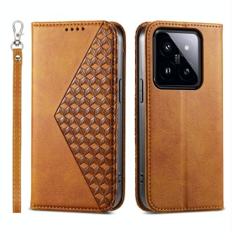 For Xiaomi 14 Pro Cubic Grid Calf Texture Magnetic Leather Phone Case(Yellow)