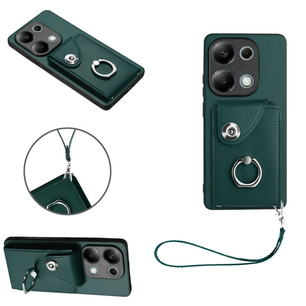 For Xiaomi Redmi Note 13 Pro 4G Global Organ Card Bag Ring Holder PU Phone Case with Lanyard(Green)