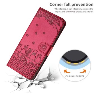 For Xiaomi Redmi Note 13 Pro 4G Cat Embossing Pattern Leather Phone Case with Lanyard(Red)