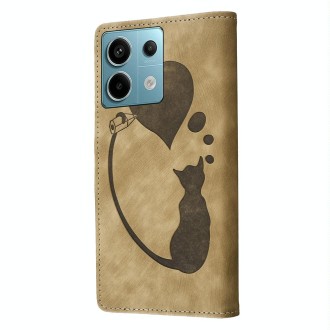 For Xiaomi Redmi Note 13 Pro 5G Pen Heart Cat Embossed Leather Phone Case(Apricot)