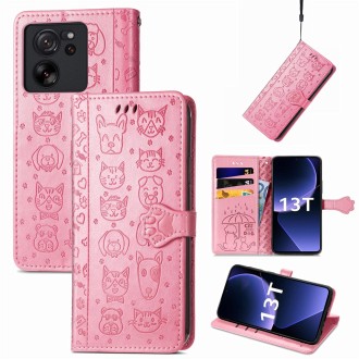 For Xiaomi Redmi K60 Ultra Cat and Dog Embossed Leather Phone Case(Pink)