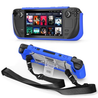 For Steam Deck Shockproof Game Console Case with Holder & Shoulder Strap(Blue+Transparent)