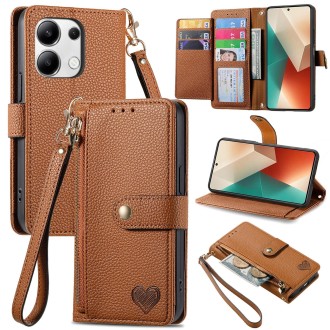 For Redmi Note 13 Pro 4G Love Zipper Lanyard Leather Phone Case(Brown)