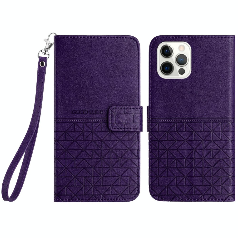 For iPhone 15 Pro Rhombic Texture Leather Phone Case with Lanyard(Purple)