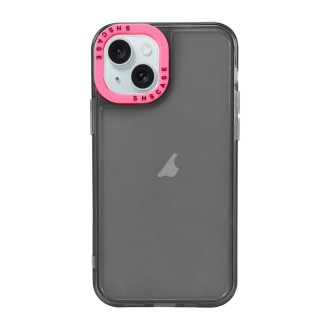 For iPhone 15 Color Contrast Lens Frame Transparent TPU Phone Case(Black + Rose Red)