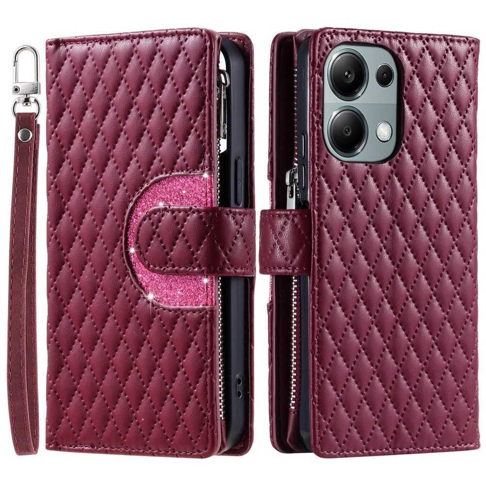 For Xiaomi Redmi Note 13 Pro 4G Global Glitter Lattice Zipper Wallet Leather Phone Case(Wine Red)