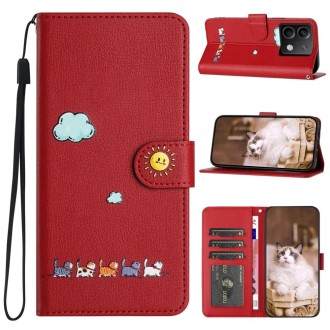 For Xiaomi Redmi Note 13 Pro 5G Cartoon Cats Leather Phone Case(Red)