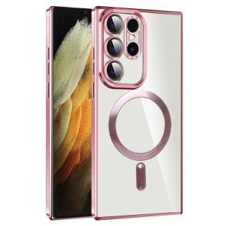 For Samsung Galaxy S21 Ultra 5G CD Texture Plating TPU MagSafe Phone Case with Lens Film(Pink)