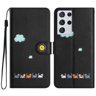 For Samsung Galaxy S21 Ultra 5G Cartoon Cats Leather Phone Case(Black)