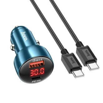 hoco Z50 Leader 48W Dual-port Digital Display Car Charger Set with Type-C to Type-C Cable(Sapphire Blue)