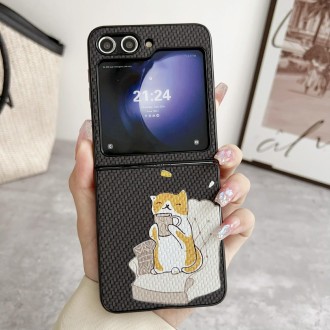 For Samsung Galaxy Z Flip5 5G Braided Texture Colored Drawing Pattern Phone Case(Black Coffee Cat)