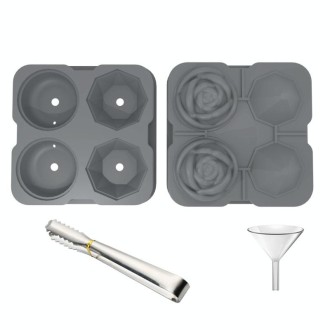 4-Holes Rose Diamond Shape Cocktail Ice Cube Molds Silicone Ice Ball Maker, Color: Gray with Ice Clip